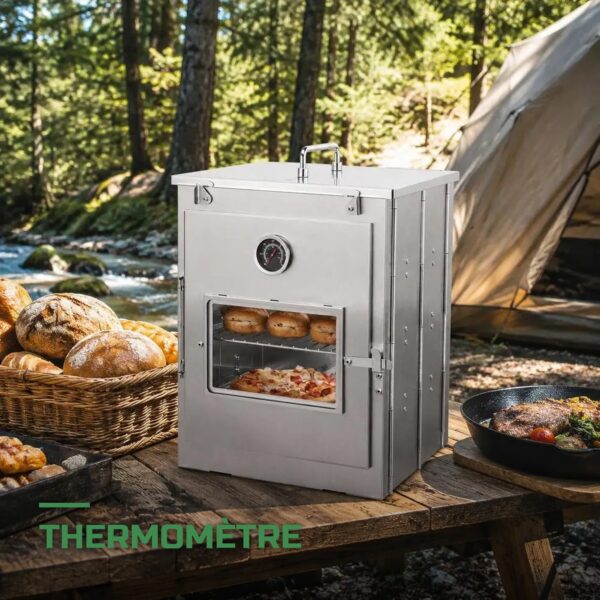 Four de Camping Pliable en Inox avec Thermomètre pour Feu de Bois