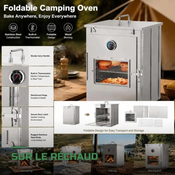 Four de Camping Pliable en Inox avec Thermomètre pour Feu de Bois