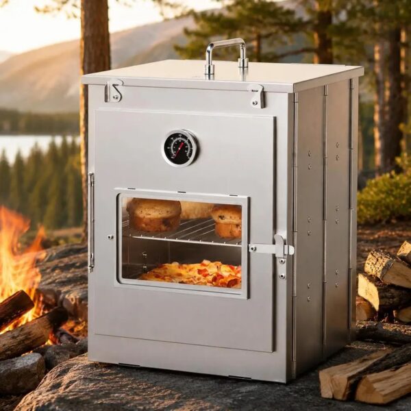 Four de Camping Pliable en Inox avec Thermomètre pour Feu de Bois Four de Camping Pliable en Inox avec Thermomètre pour Feu de Bois