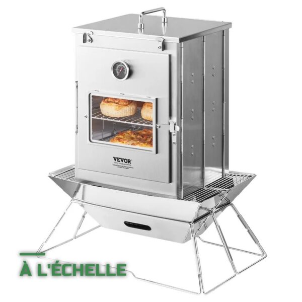 Four de Camping Pliable en Inox avec Thermomètre pour Feu de Bois