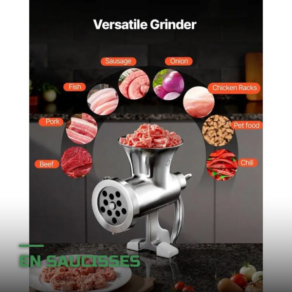 Hachoir à Viande Manuel à Manivelle en Inox avec Plaques et Tubes