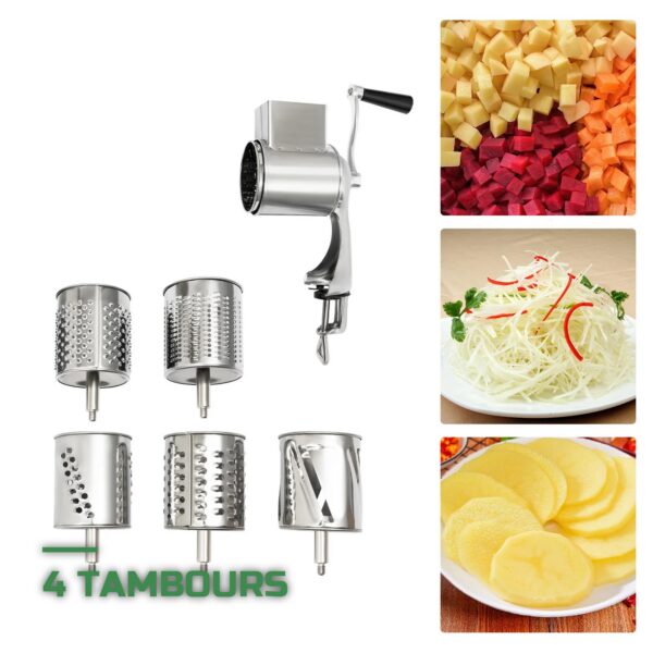 Râpe Rotative Manuelle en Inox avec 4 Tambours Interchangeables